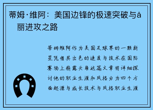 蒂姆·维阿：美国边锋的极速突破与华丽进攻之路